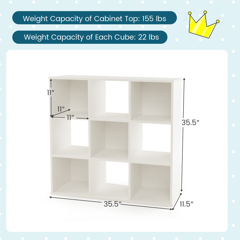 Wooden kids bookcase in white with 9 storage cubbies, anti-toppling devices, and kid-friendly height for easy access.