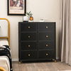 Black 8-drawer floor dresser with gold knobs and sturdy metal frame, perfect for bedroom or living room storage.