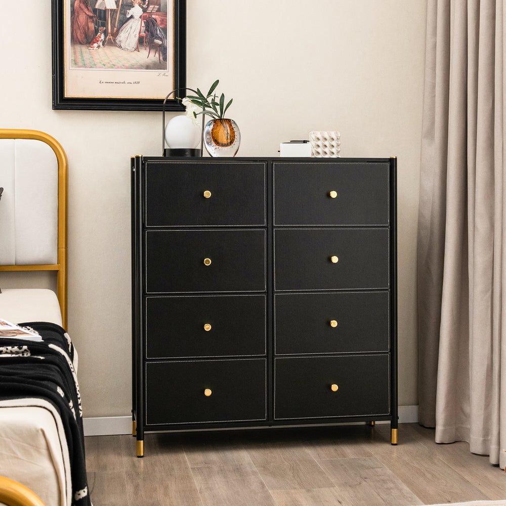 Black 8-drawer floor dresser with gold knobs and sturdy metal frame, perfect for bedroom or living room storage.