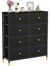 Black 8-drawer floor dresser with fabric bins and metal frame, perfect for stylish storage in any room.