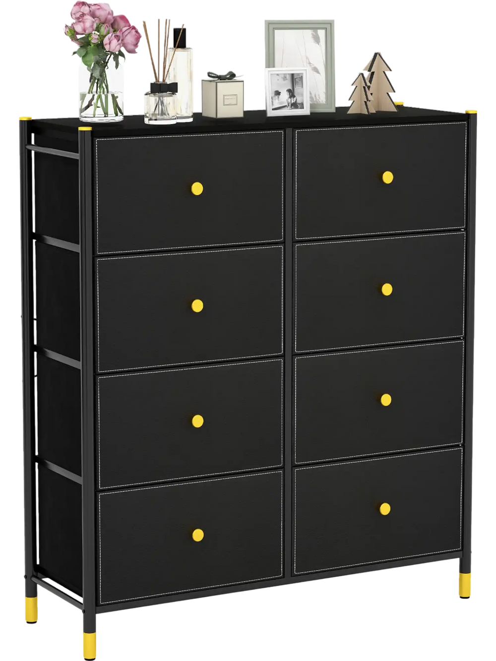 Black 8-drawer floor dresser with fabric bins and metal frame, perfect for stylish storage in any room.