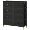 Black 8-drawer floor dresser with fabric bins and gold knobs, ideal for modern living room or bedroom storage.
