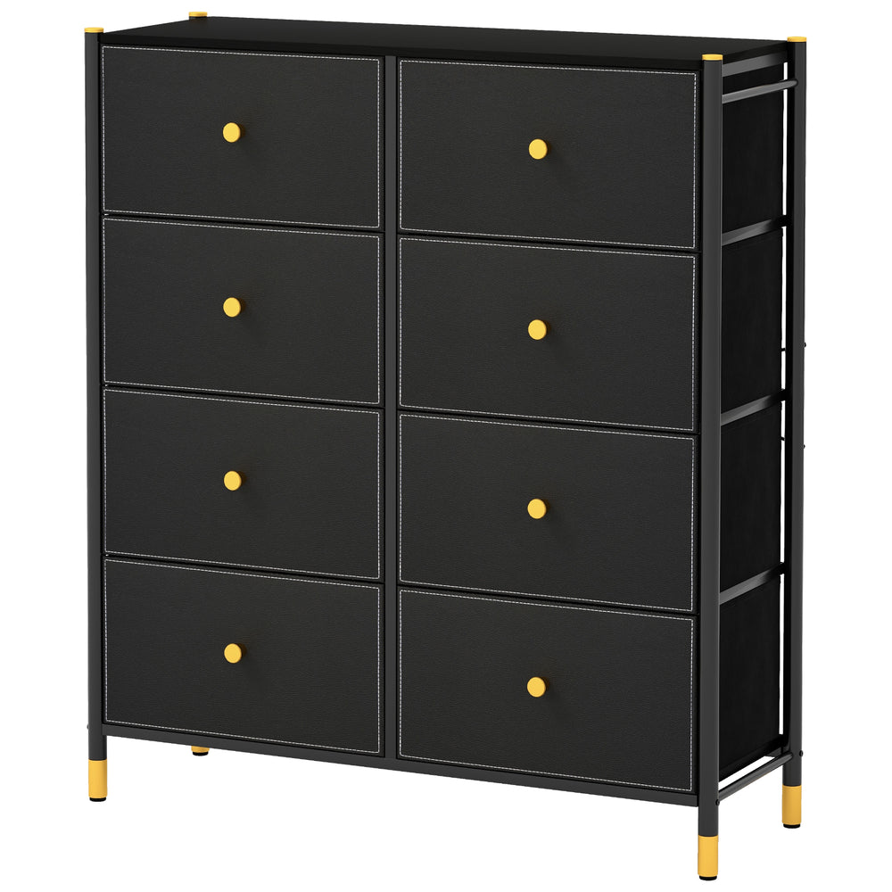 Black 8-drawer floor dresser with fabric bins and gold knobs, ideal for modern living room or bedroom storage.