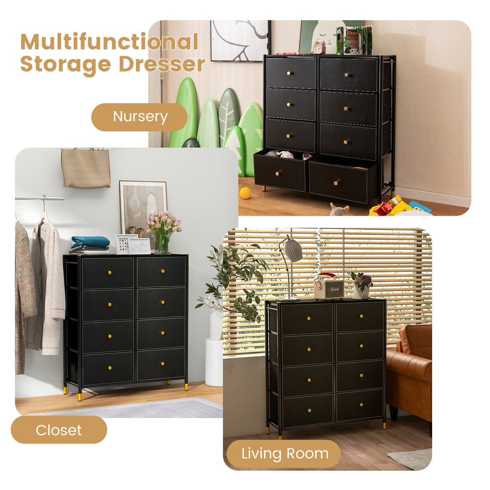 8-drawer floor dresser storage organizer with fabric bins and metal frame, ideal for living room or nursery use.