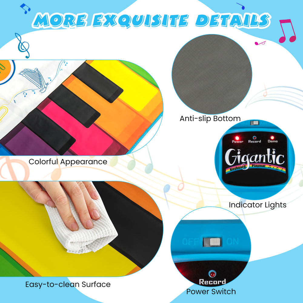 Colorful Floor Piano Dance Mat with anti-slip bottom, easy-to-clean surface, and indicator lights for kids' musical.