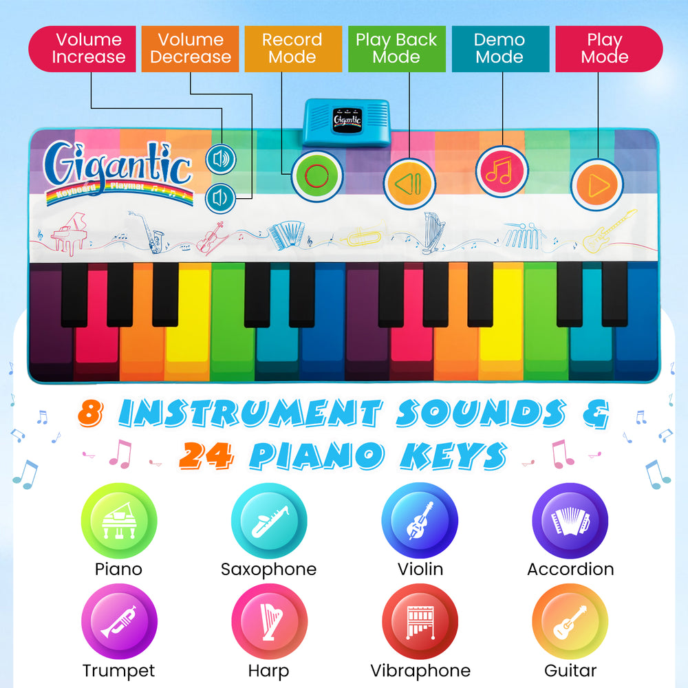 Colorful floor piano dance mat with 24 keys and 8 instrument sounds, designed for kids' musical play and development.