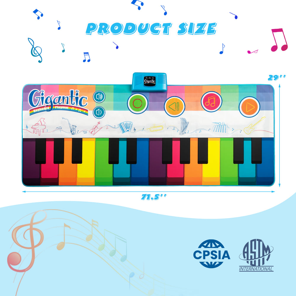 Colorful floor piano dance mat with 24 keys and 8 instrument sounds, ideal for kids' musical play and outdoor fun.