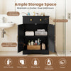 Black floor storage cabinet with doors, spacious countertop, and pull-out drawer for organized bathroom essentials.