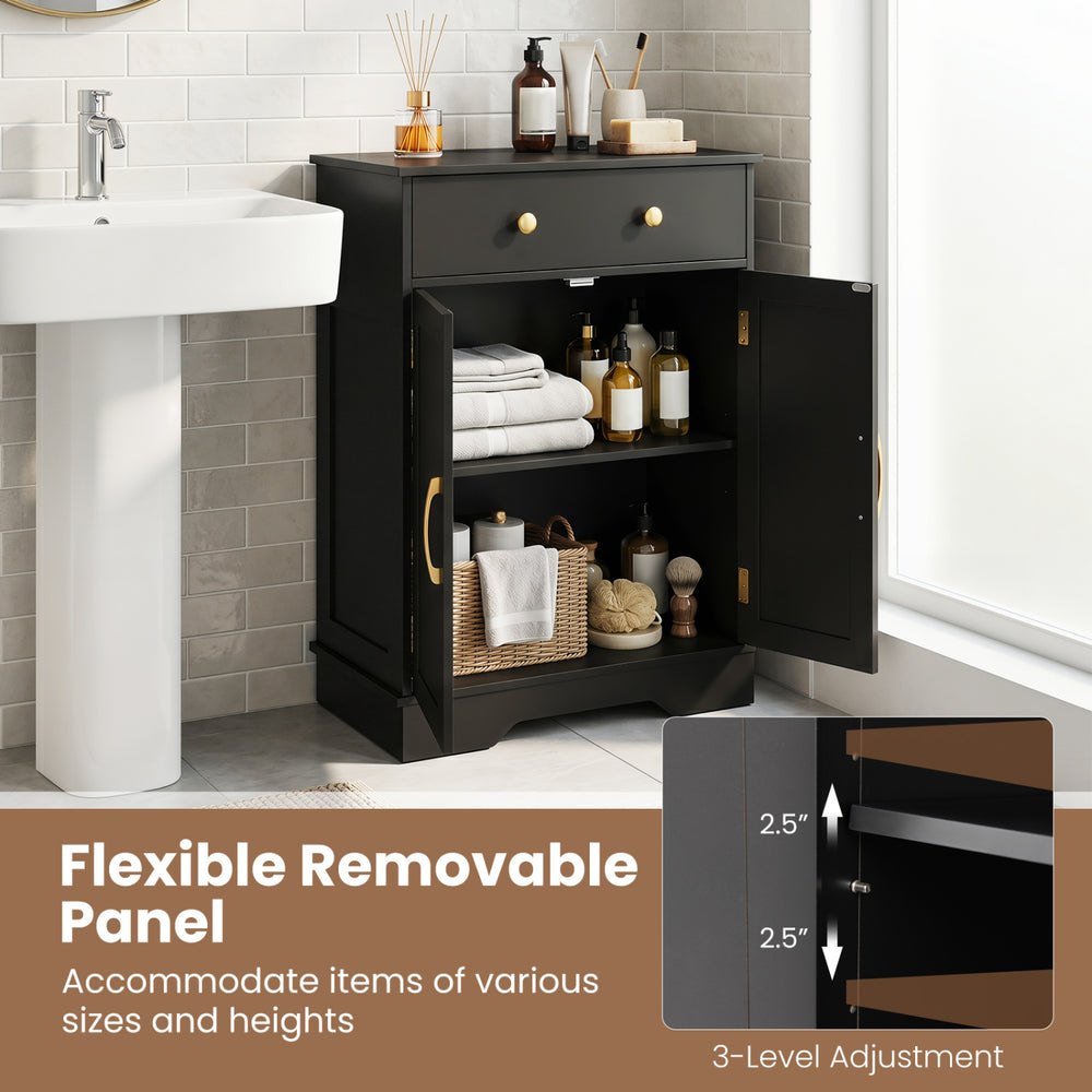 Black floor storage cabinet with doors, adjustable shelf, and gold handles, perfect for organizing bathroom essentials.