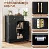 Black floor storage cabinet with sleek golden handles, adjustable shelf, and reinforced metal hinges for versatile organization.