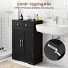 Black floor storage cabinet with doors, drawer, and adjustable shelf, featuring anti-tipping kits for enhanced stability.