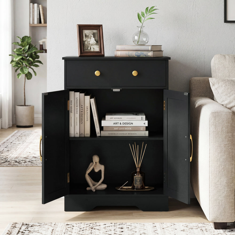 Black floor storage cabinet featuring a drawer, adjustable shelf, and two doors, ideal for organized living room or bathroom use.