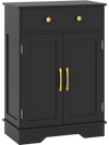 Black floor storage cabinet with doors, drawer, and adjustable shelf, ideal for organized bathroom or living room use.