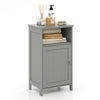 Gray freestanding bathroom storage cabinet with adjustable shelf and open cube, perfect for organizing towels and.