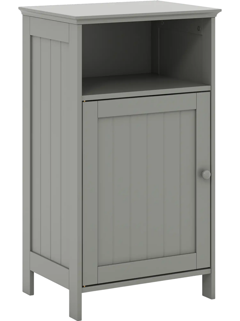 Freestanding gray bathroom storage cabinet with adjustable shelf and open cube for versatile organization.