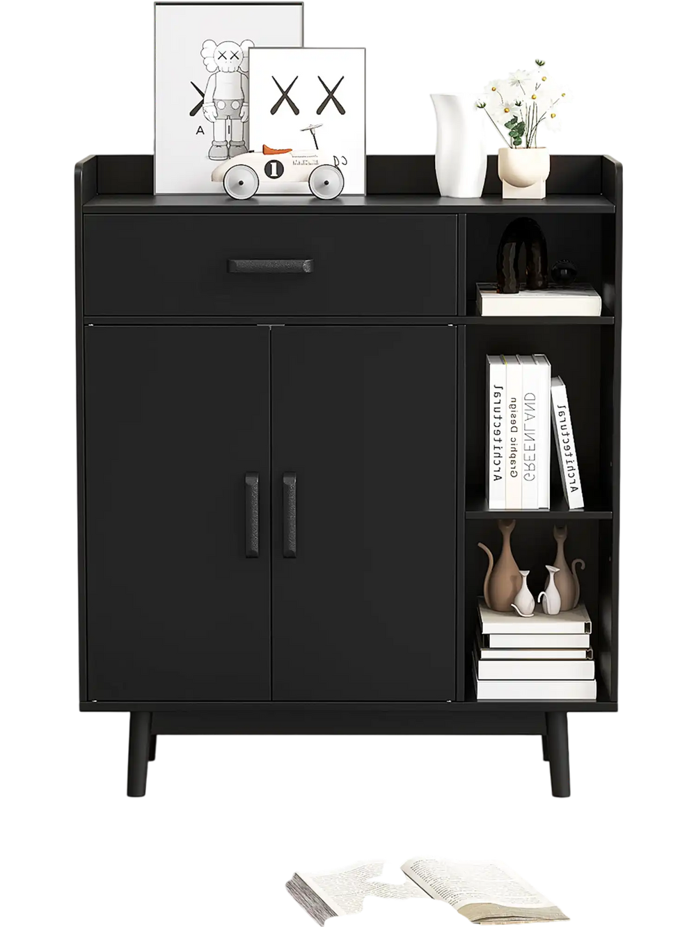 Black floor storage cabinet with 1 drawer and 3 open shelves, featuring rubberwood legs for stability and modern design.