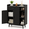 Black floor storage cabinet featuring 1 drawer, double-door cabinet, and 3 open shelves for versatile home organization.