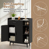 Floor storage cabinet in black with 1 drawer, 3 open shelves, and anti-toppling devices for stability and safety.
