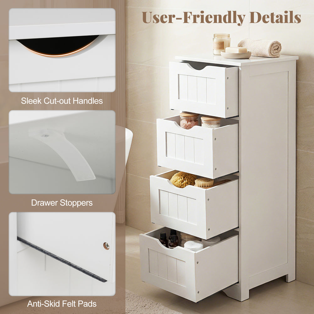 White wooden storage organizer with four drawers, cut-out handles, and anti-skid felt pads for bathroom use.