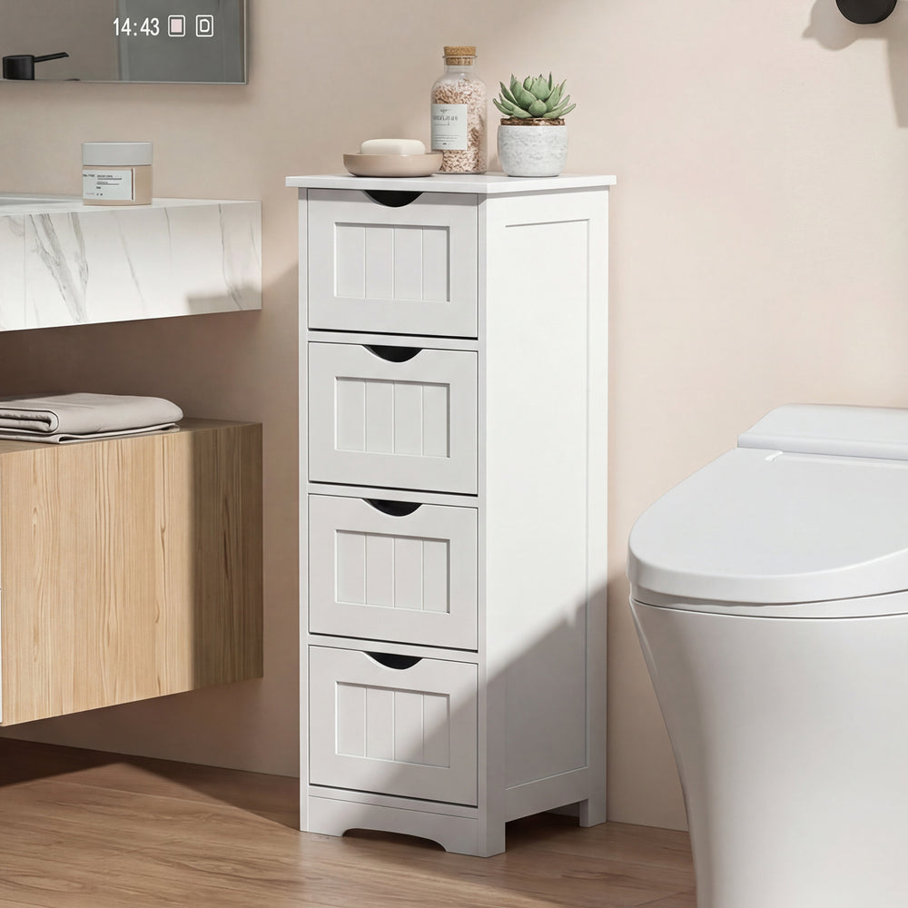 White wooden floor storage organizer with four drawers, designed for bathrooms, featuring a narrow profile and smooth.