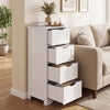 White wooden free-standing storage organizer with four drawers, designed for narrow spaces and easy cleaning.