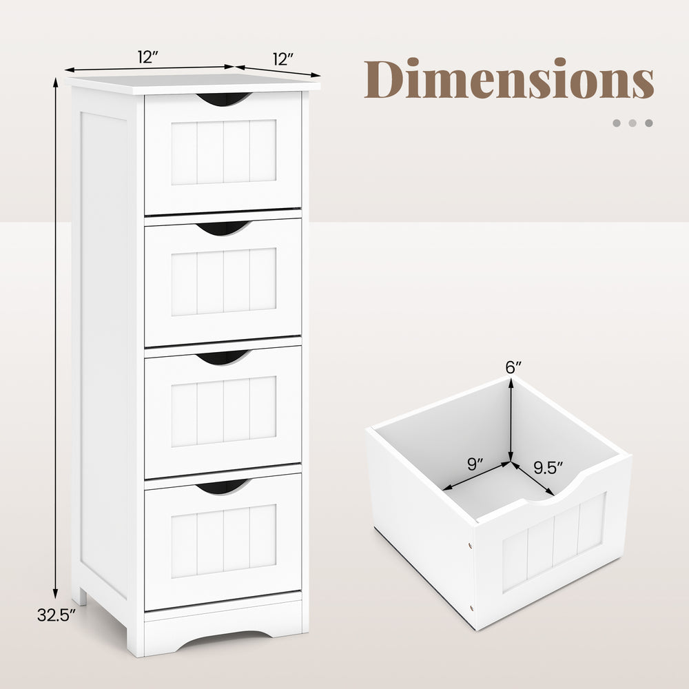 White wooden floor storage organizer with four drawers, dimensions shown, ideal for narrow spaces and easy cleaning.