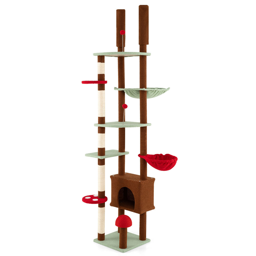 Adjustable mushroom-themed cat tree with condo and hammock, featuring sisal scratching posts for healthy play and.