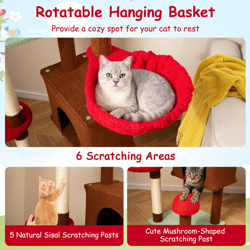 Rotatable hanging basket with cozy red lining for cats, part of a brown mushroom-themed adjustable cat tree.