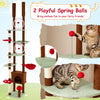 Adjustable brown cat tree with mushroom theme, featuring a condo, hammock, and playful spring balls for feline fun.