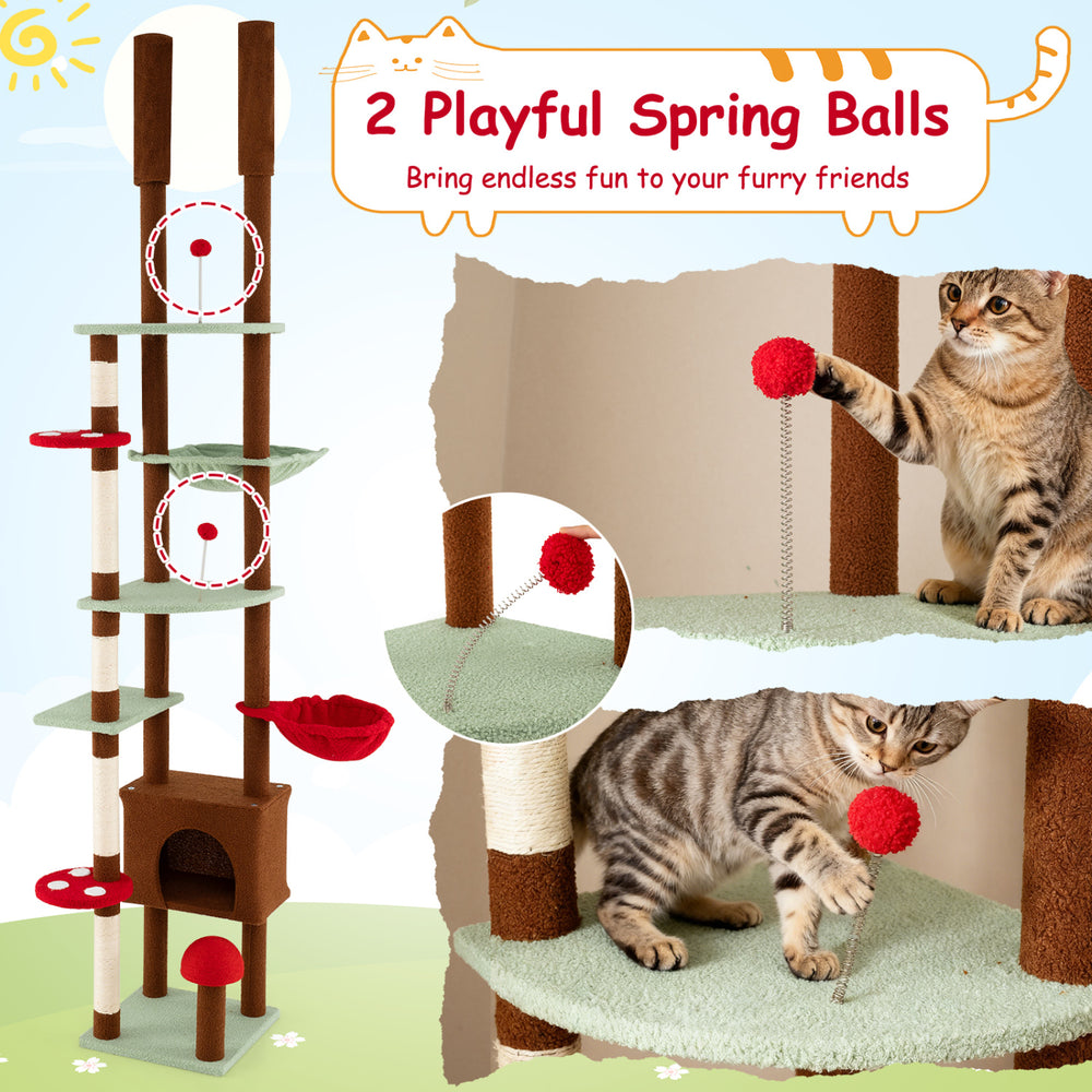 Adjustable brown cat tree with mushroom theme, featuring a condo, hammock, and playful spring balls for feline fun.