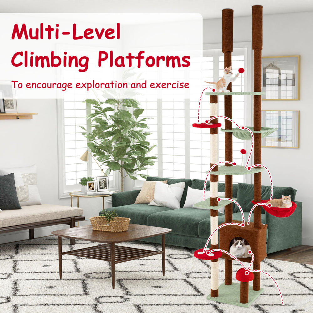 Multi-level cat tree with mushroom theme, featuring scratching posts, condo, and hammock for exercise and exploration.