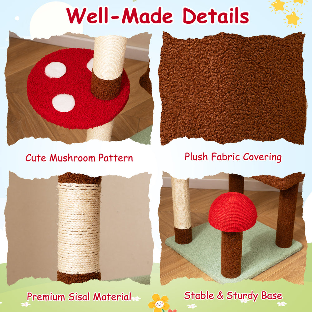 Mushroom-themed cat tree featuring plush fabric, sisal scratching posts, and a stable base for safe lounging and play.