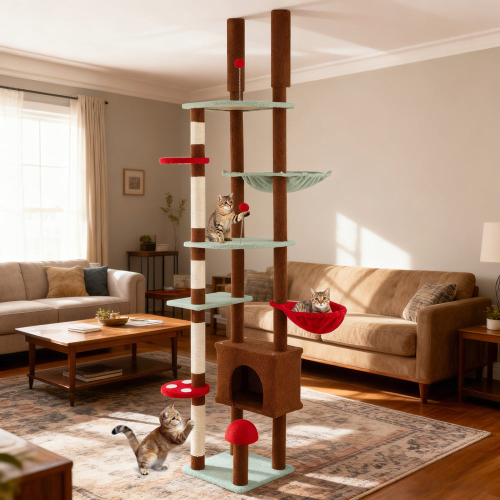 Adjustable brown cat tree with condo and hammock, featuring sisal scratching posts and playful mushroom design for.
