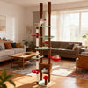 Multi-level climbing platforms of the mushroom-themed cat tree, showcasing cozy hammock and vibrant red accents for.