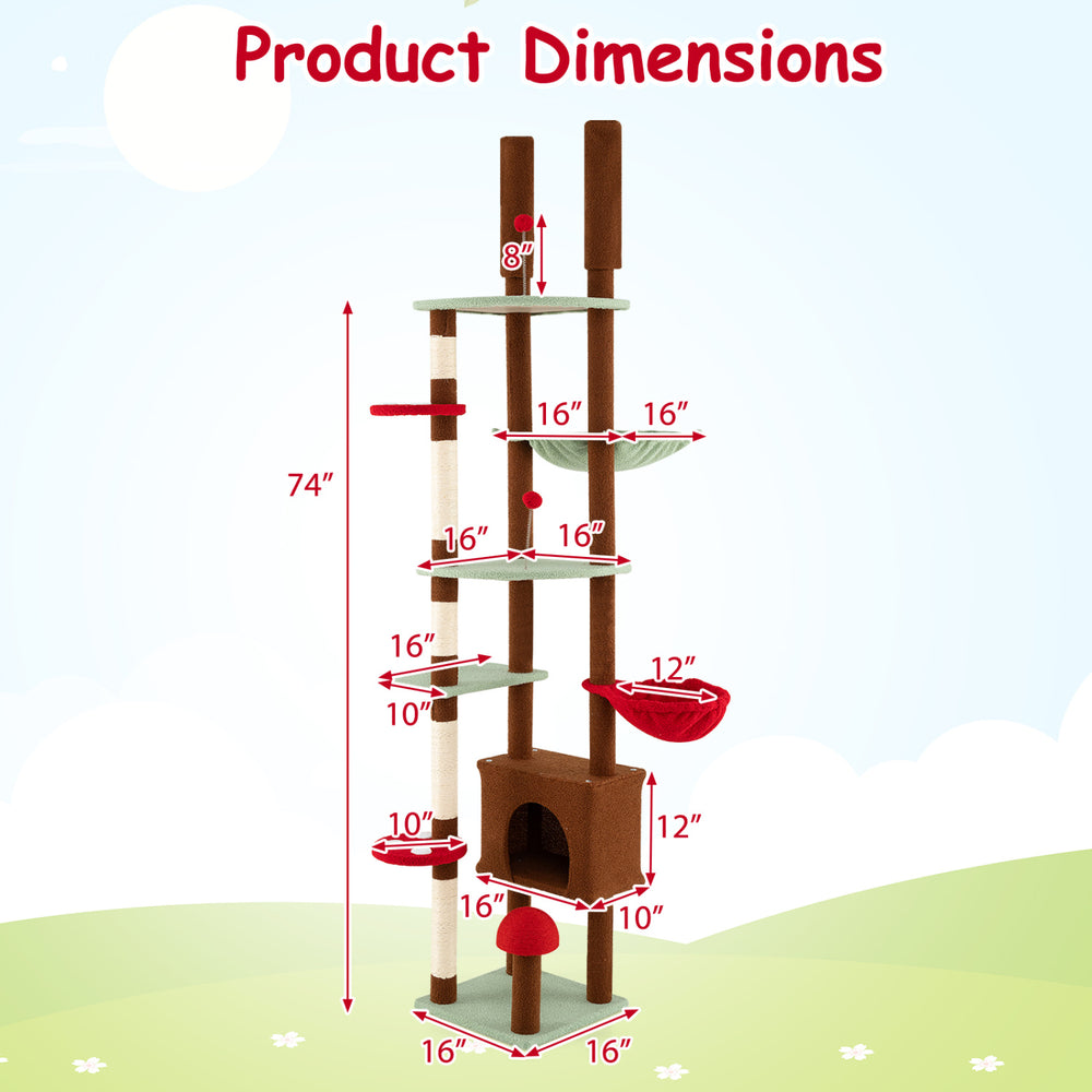 Adjustable brown cat tree with mushroom theme, featuring condo, hammock, and six sisal scratching posts for healthy.