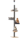 Tall gray floor-to-ceiling cat tree with adjustable height, featuring hammocks and scratching posts for playful cats.