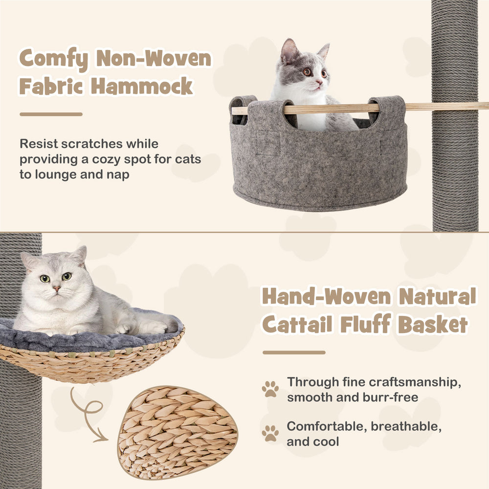 Gray floor-to-ceiling cat tree with adjustable height, featuring a comfy non-woven fabric hammock for lounging.