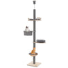 Tall gray floor-to-ceiling cat tree with adjustable height, featuring hammocks and platforms for climbing and lounging.
