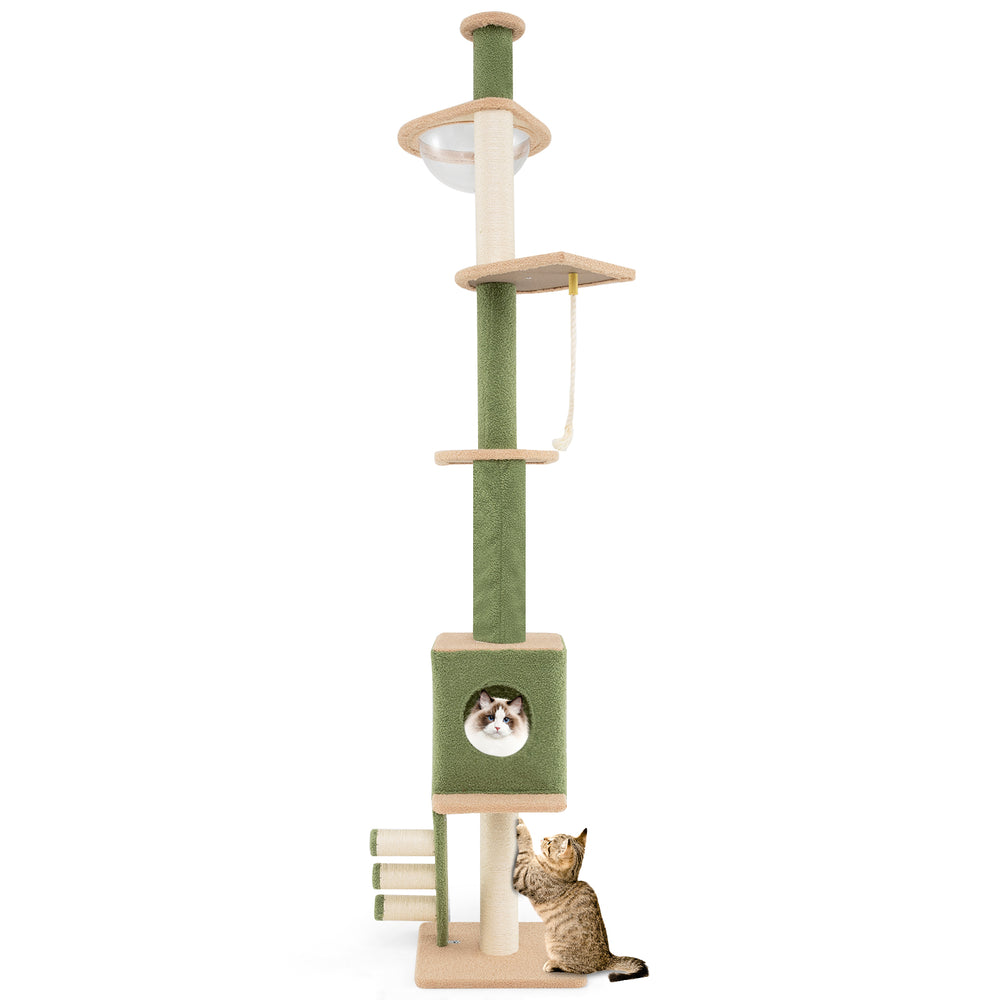 Tall adjustable cat tree with cozy condo, scratching posts, and a transparent space capsule for playful cats.