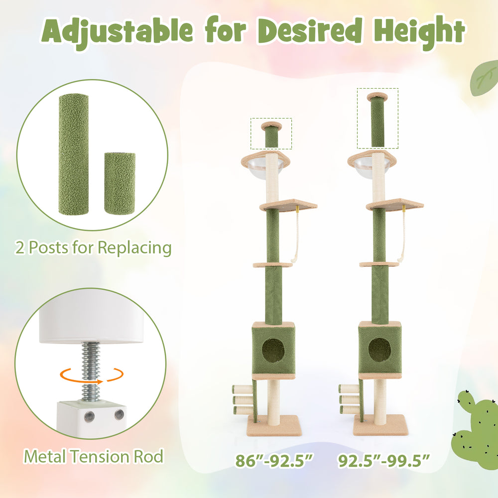 Floor to ceiling cat tree in green with adjustable height, cozy condo, and scratching posts for playful cats.