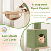 Transparent space capsule and cozy cat condo on an adjustable floor-to-ceiling cat tree for playful feline relaxation.