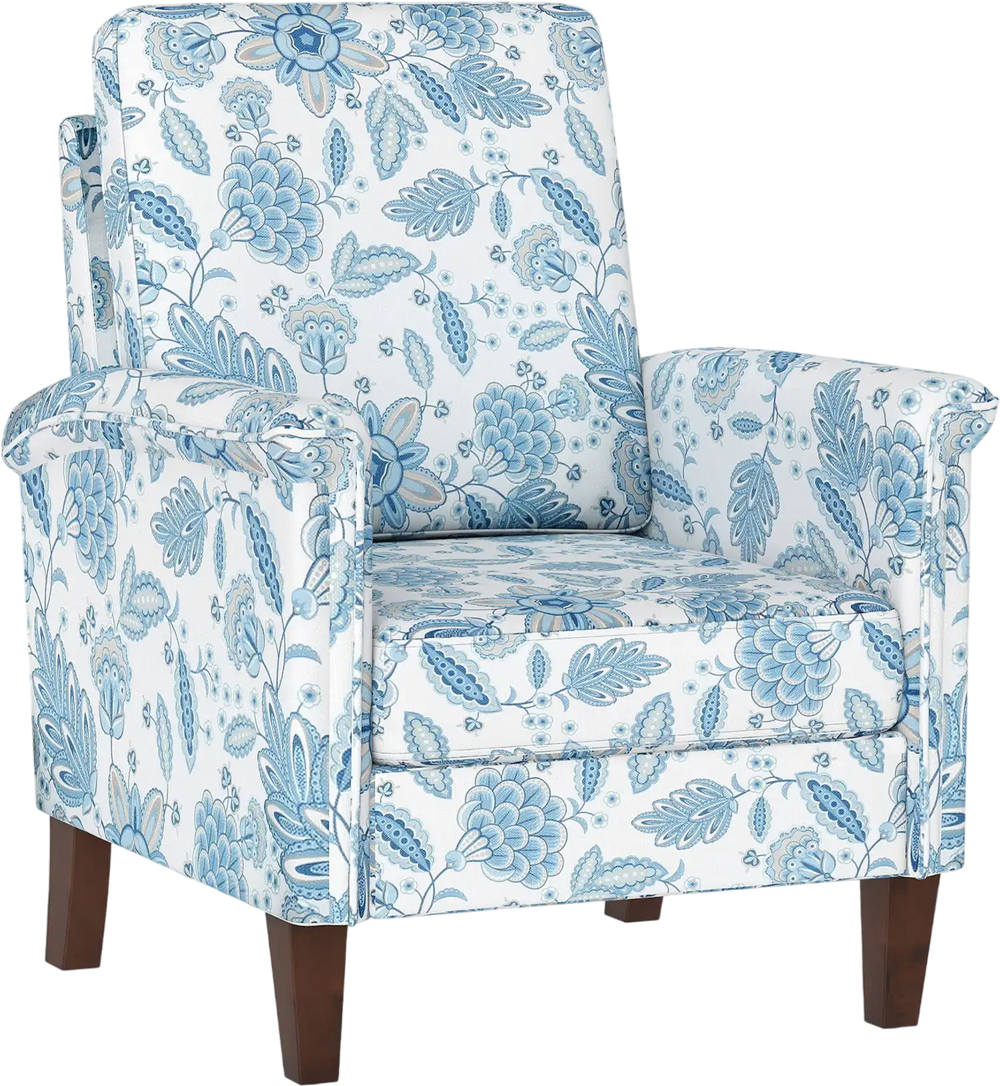 Floral accent chair in blue with solid wood legs, high back, and padded armrests for stylish farmhouse boho decor.