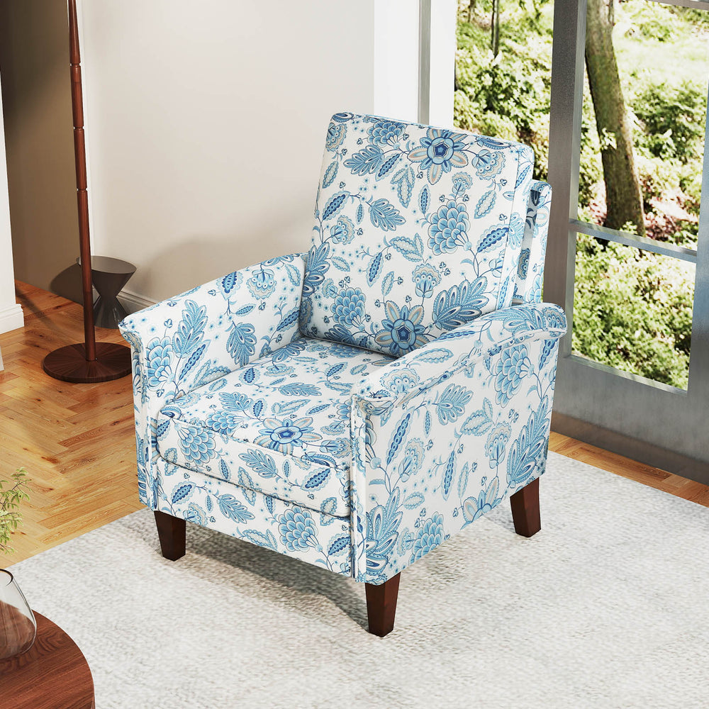 Floral accent chair with solid wood legs, high back, and blue upholstery, perfect for farmhouse or boho decor.
