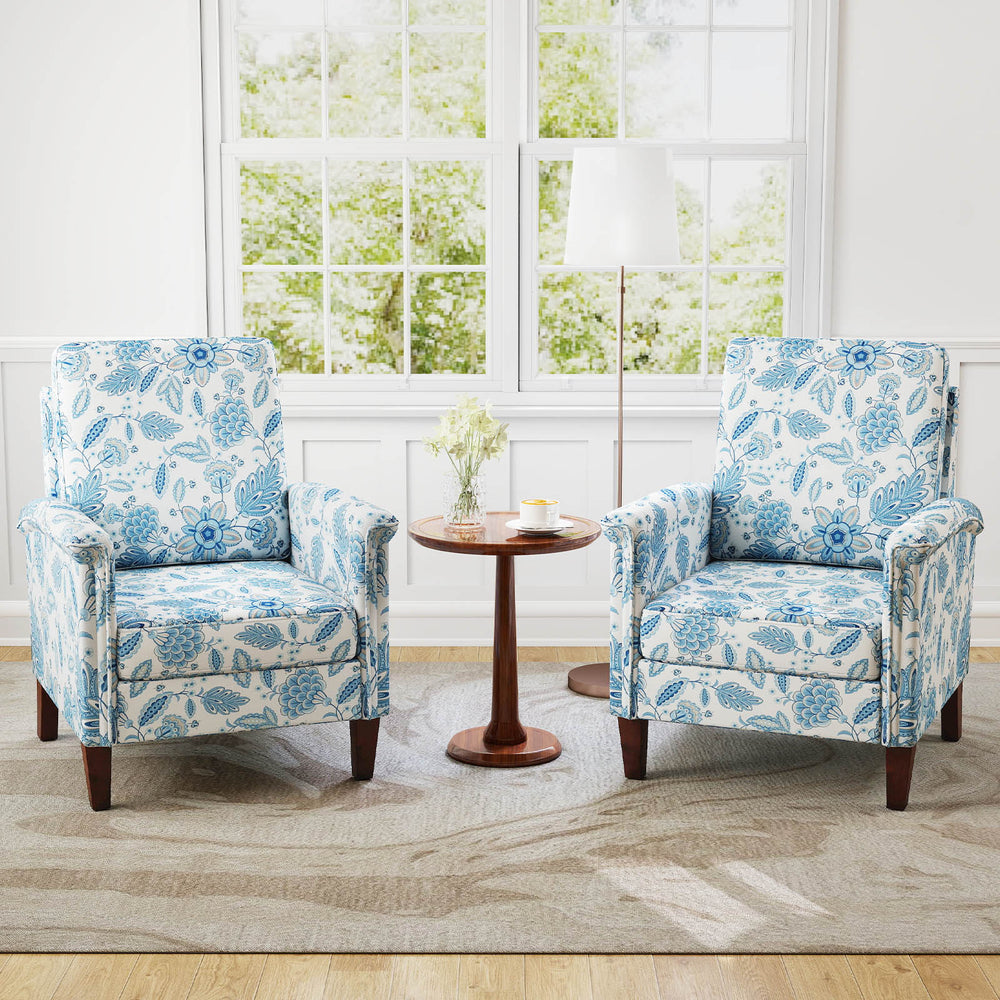 Floral accent chairs with solid wood legs in blue, featuring high backs and padded cushions for stylish comfort.