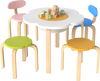 Flower-shaped children's table set with colorful chairs and stools, perfect for playrooms and daycare activities.