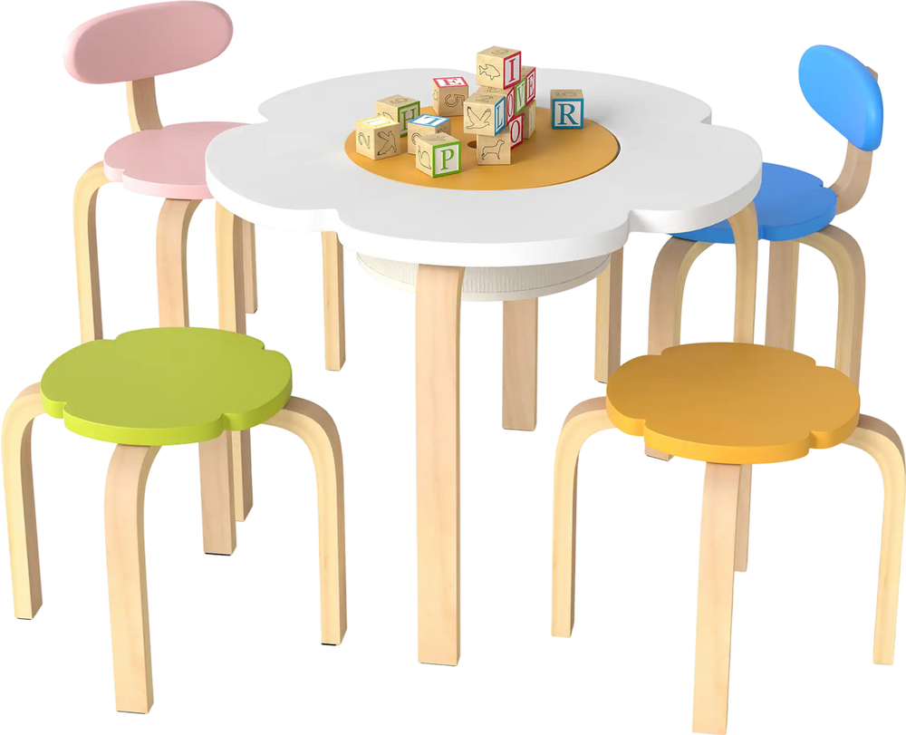 Flower-shaped children's table set with colorful chairs and stools, perfect for playrooms and daycare activities.