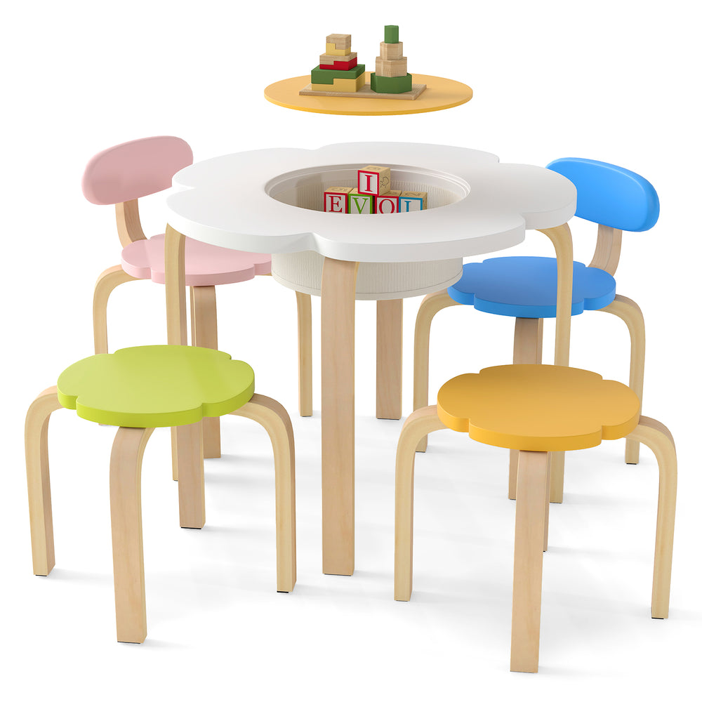 Flower-shaped wooden play table set with colorful chairs and stools, ideal for kids' activities in playrooms or.