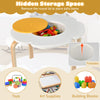 Flower-shaped children's activity table with removable lid for storage, featuring colorful chairs and ergonomic design.