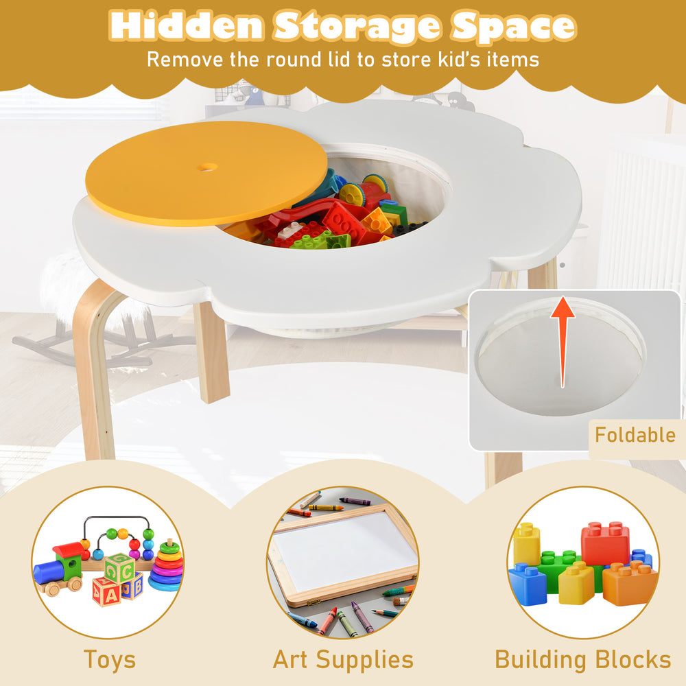 Flower-shaped children's activity table with removable lid for storage, featuring colorful chairs and ergonomic design.