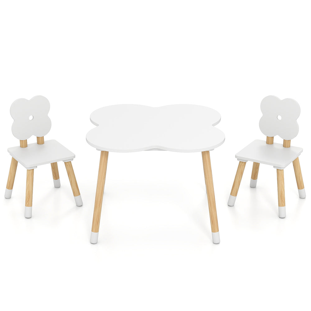 Flower-shaped kids table set with solid pine wood legs, ideal for playrooms and easy to clean.